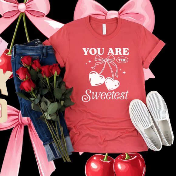 Gildan Valentine's Day Cherry Bow Coquette Tee Love PINK RED - Picture 3 of 4